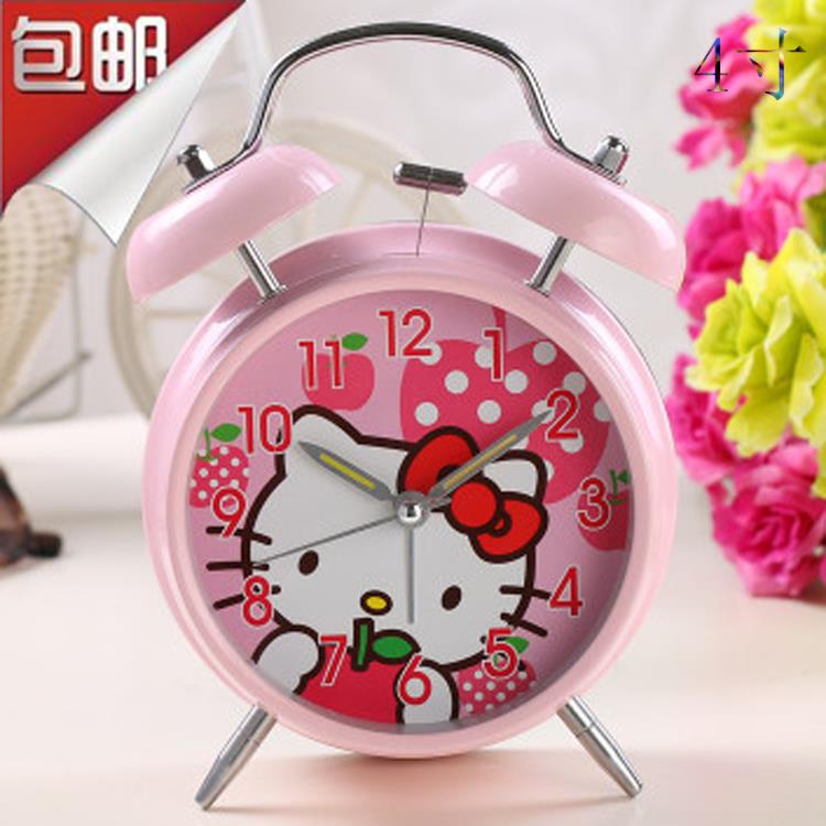 包邮4寸KT猫双铃大声懒人闹钟创意时尚静音夜灯小表学生儿童卡通