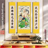 国画人物关公财神殿三联画关帝圣军造像画堂宅入口客厅装 饰挂画
