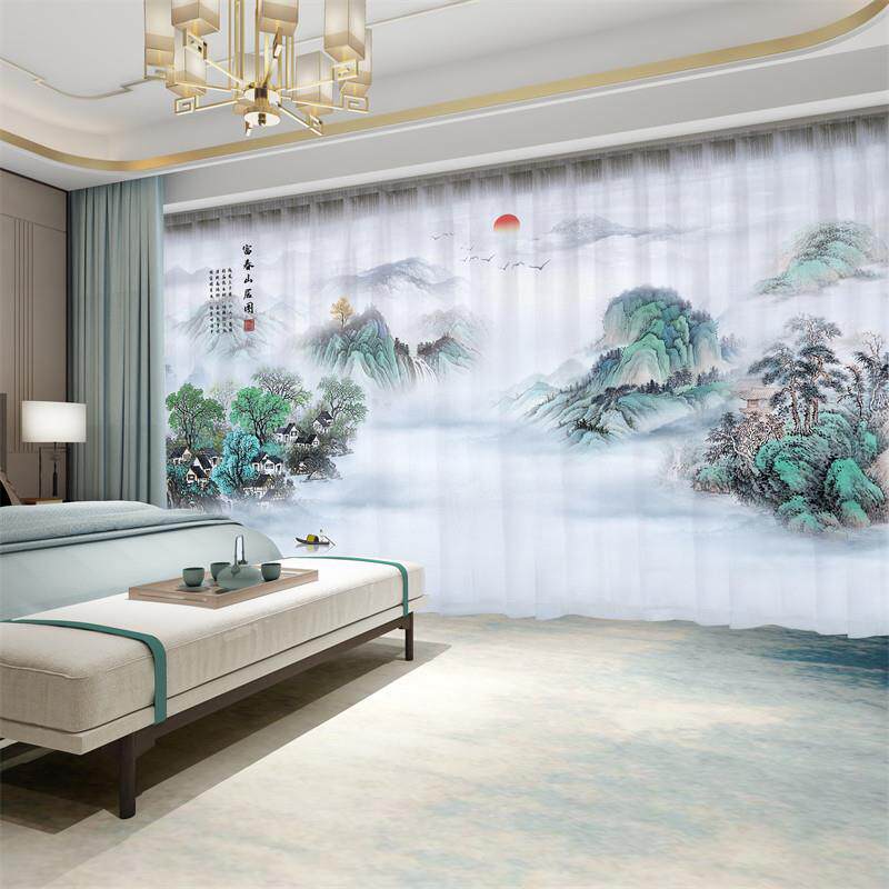 新中式窗帘遮光禅意山水画 画水墨纱幔国风古典茶室书房客厅隔间