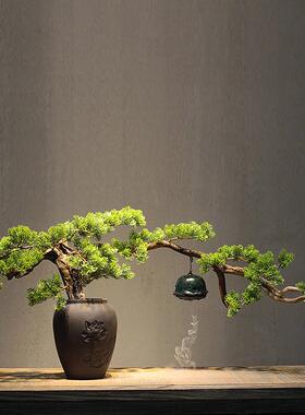 新中式风化木根雕彷真迎客松盆景 陶瓷花盆禅意摆件 倒流香博古架