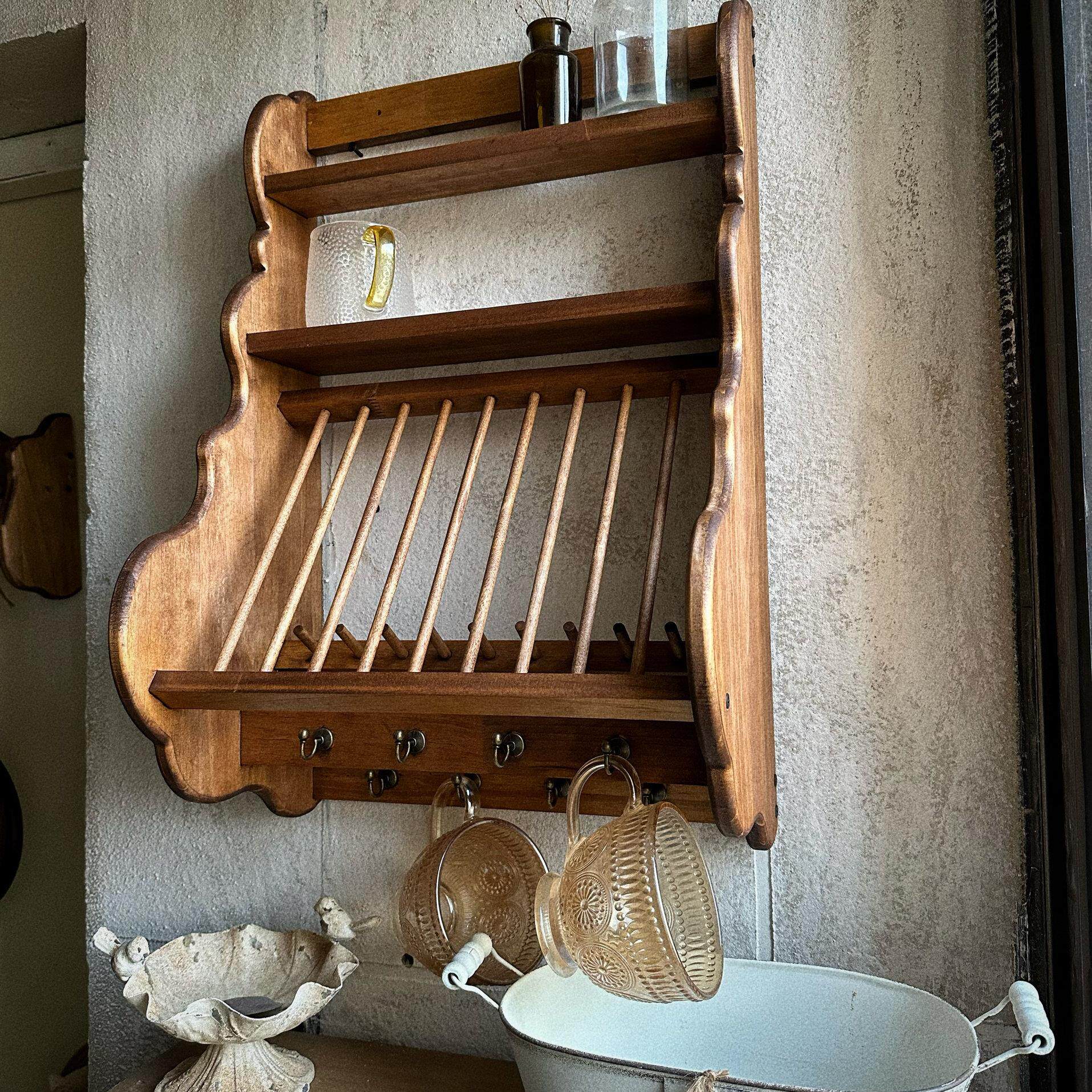 中古风实木收纳层架饭厅材料杂物杯子碗筷置物架墙上壁挂实木吊柜