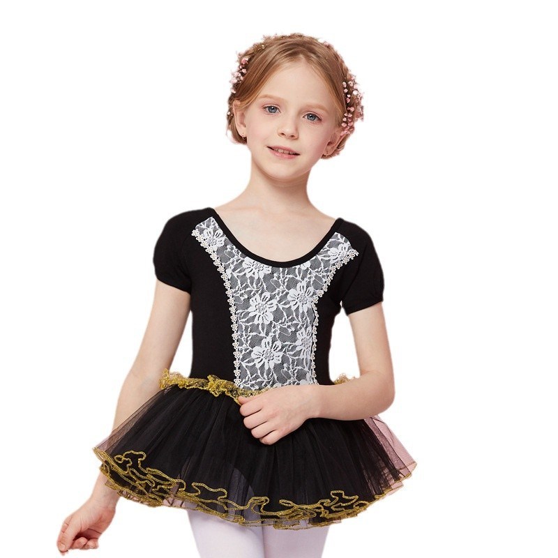 儿童夏季短袖女芭蕾舞裙女童蕾丝花边少儿裙舞蹈蓬蓬裙百搭练功服