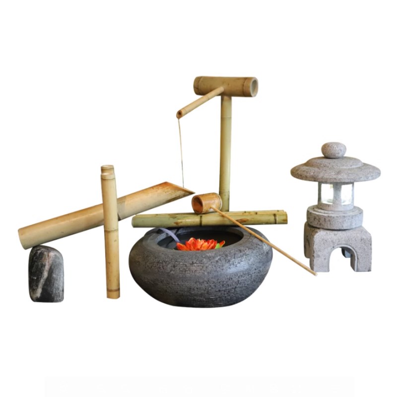 鱼池庭院枯山水布景水钵水盆石盆循环瀑布石头惊鹿小院自循环石钵