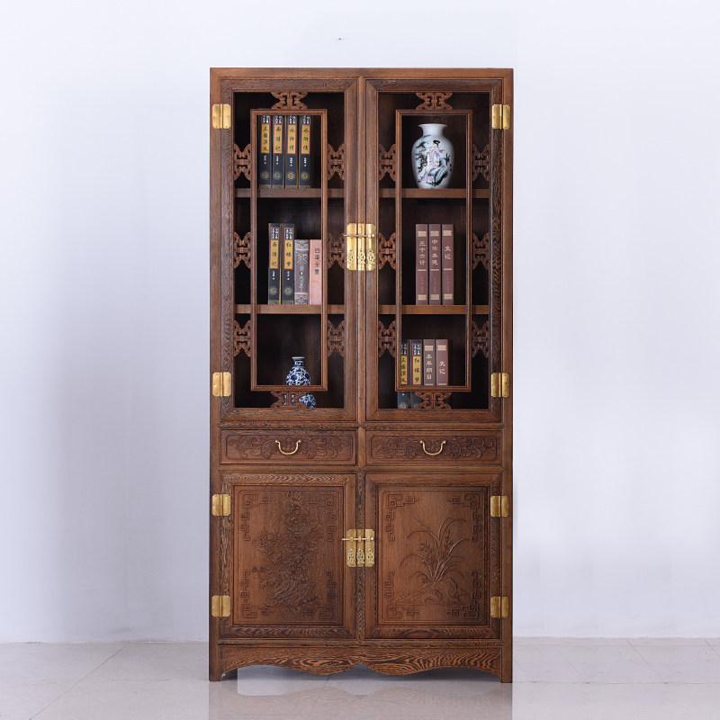 红木家具 鸡翅木书柜 玻璃门双门仿古中式实木书架全实木书橱组合