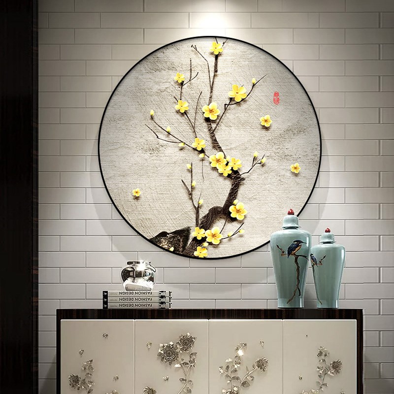 喜上眉梢圆形装饰画金色梅花玄关画挂画新中式餐厅饭厅壁画花卉画图片