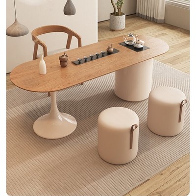 奶油风小茶台家用泡茶桌书桌茶桌一体原木风阳台实木茶桌椅组合