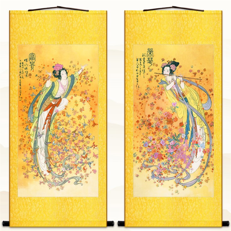 荣华富贵图 天女散花仙女人物卷轴挂画 书房客厅绢布丝绸装饰画