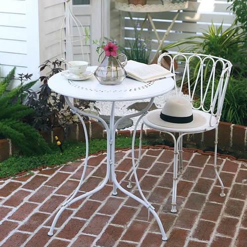 你可居法式覆古小圆桌户外阳台花园铁艺白色桌子做旧茶几