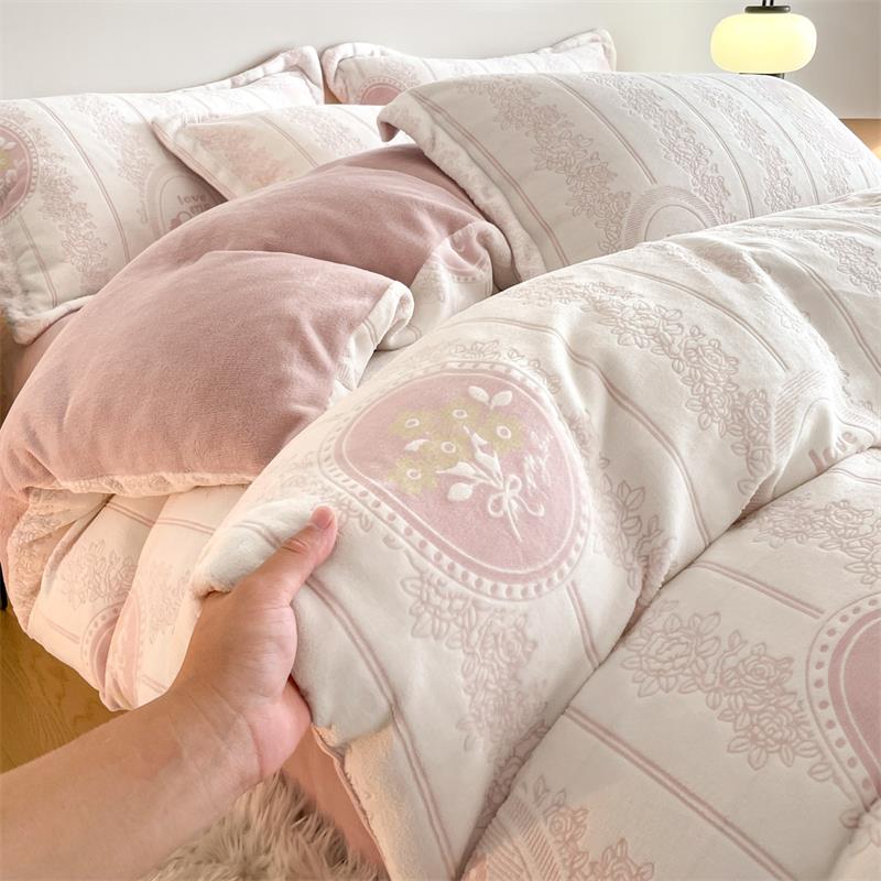 6d牛奶绒雕花四件套法莱绒加厚保暖珊瑚绒床上加绒刺绣双面绒冬季