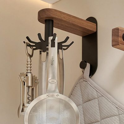 cmeo厨房挂钩旋转多功能勺子锅铲收纳架黑胡桃木置物架免打孔挂架