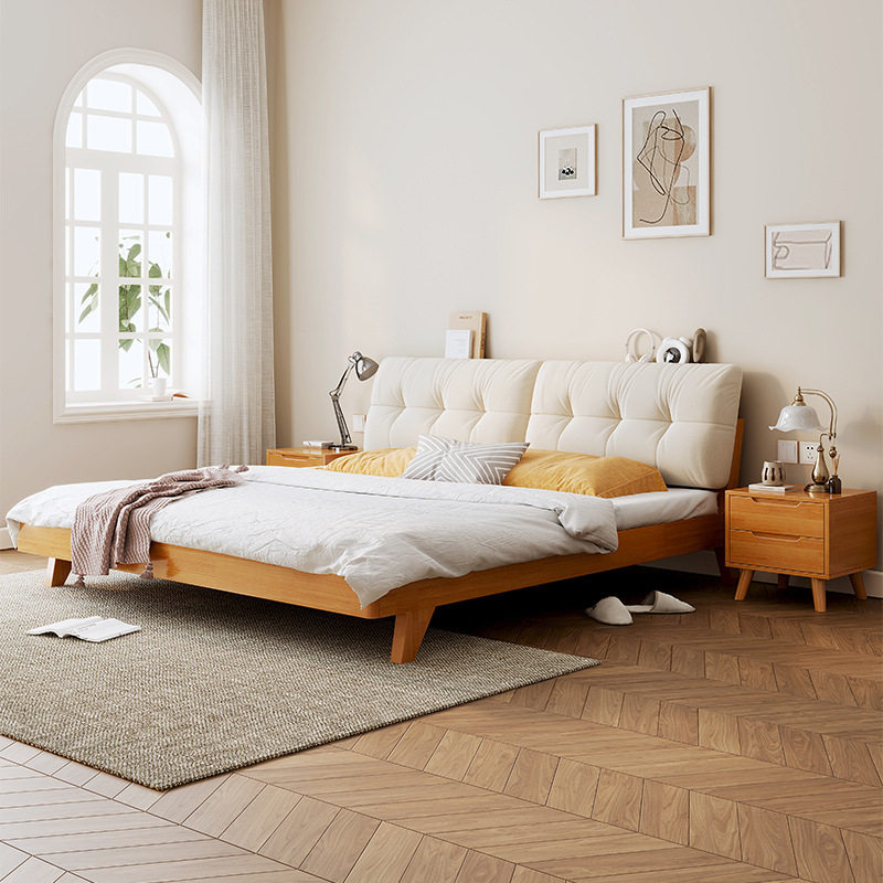 实木床云朵软靠床1.8米北欧双人床1.5m租房民宿木床原木奶油风