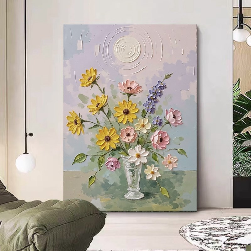 法式奶油风客餐厅装饰画抽象丙烯肌理感玄关手绘油画植物花卉挂画图片