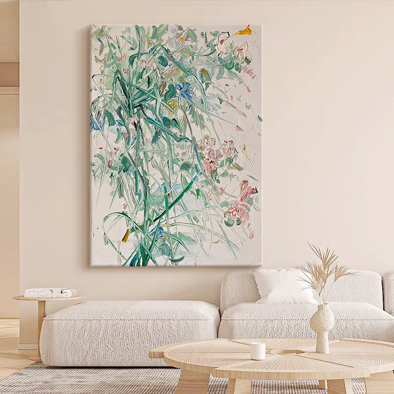 奶油风手绘油画客厅沙发背景玄关肌理装饰画餐厅抽象植物花卉挂画图片