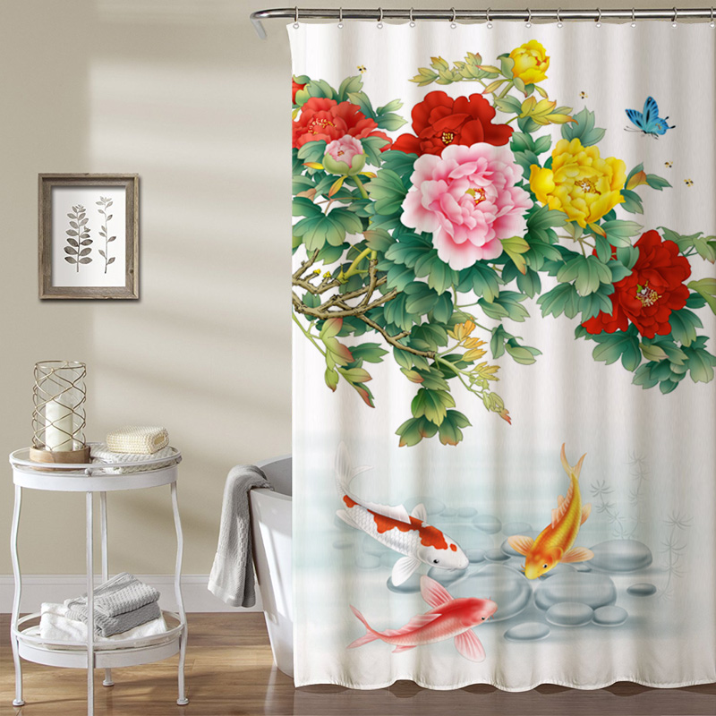 中国风浴帘加厚防霉卫生间磁性防水布民宿家用浴室帘免打孔中式