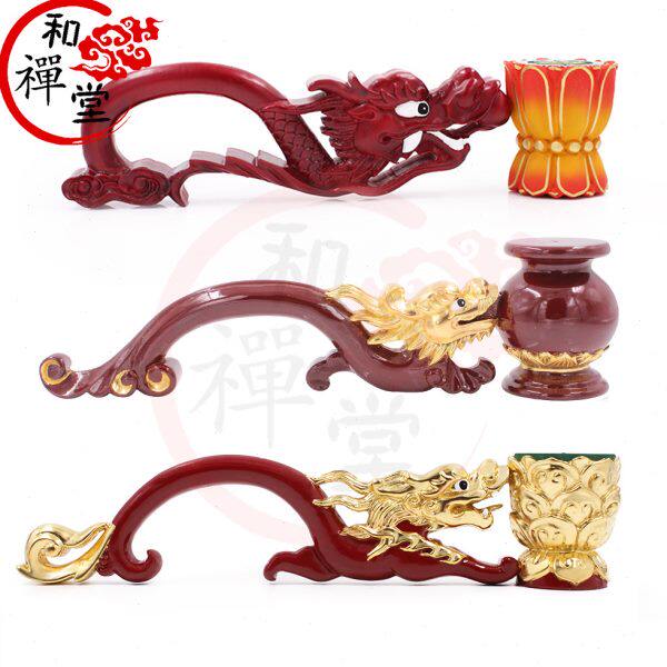 和禅堂佛具用品实木龙雕手持香炉上等木质手炉龙头佛事用品