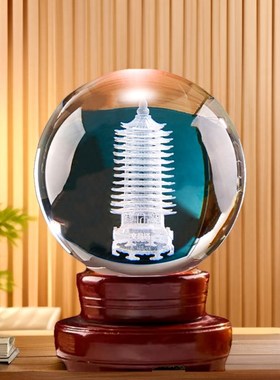 3D内雕文昌塔水晶球摆件学生书桌人造玻璃办公家用桌面工艺品送礼