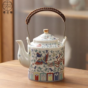 复古小桥壶家用泡茶器带过滤网把手单壶 国潮风陶瓷提梁壶斗彩中式