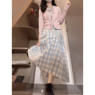 格子半裙套装 2025春季 绑绳针织上衣 新款 小个子假两件花边v领修身