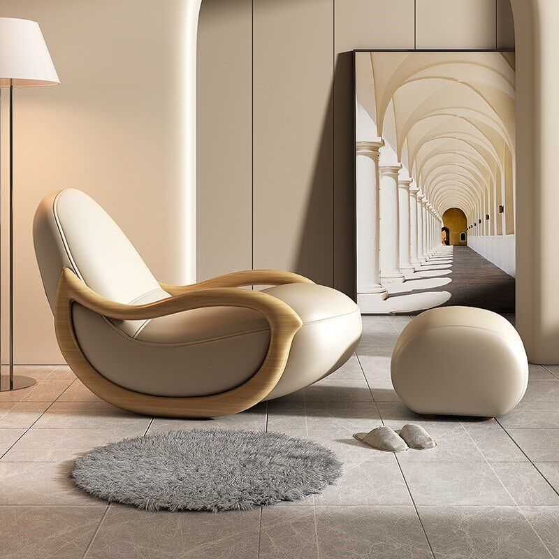 奶油风实木摇摇椅逍遥椅中式懒人沙发躺椅科技布椅家用阳台休闲椅