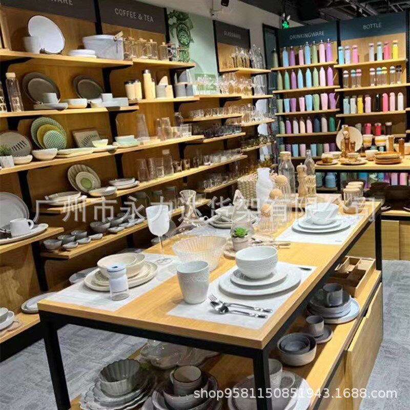 厂家供应陶瓷碗碟展示架日常x餐具厨具钢木货架生活日用品展示架