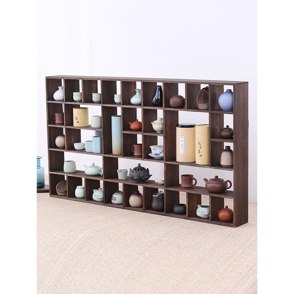 实木多宝格茶杯架收纳茶壶茶具家用置物展示架中式博古架挂墙壁挂