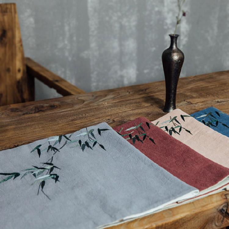 手工麻布茶席刺绣中式茶道竹君刺绣功夫棉麻禅意桌旗茶垫茶具茶帘