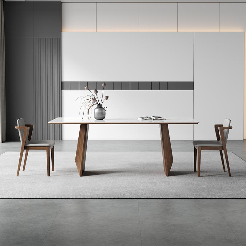 家用岩板餐桌轻奢高端亮光面进口小户型悬浮餐台胡桃木色实木餐桌