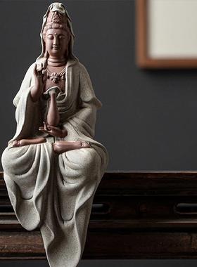 自在观音菩萨家用供奉观音佛像坐像玄关中式摆件禅意灯办公室高档