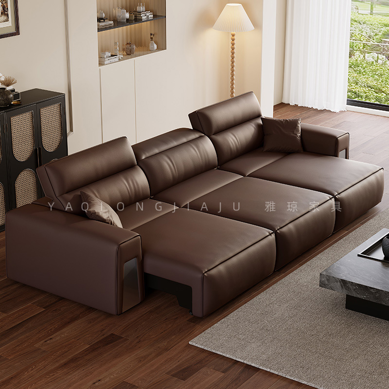 电动沙发床2024新款真皮功能可伸缩调节变床两用客厅牛皮直排沙发
