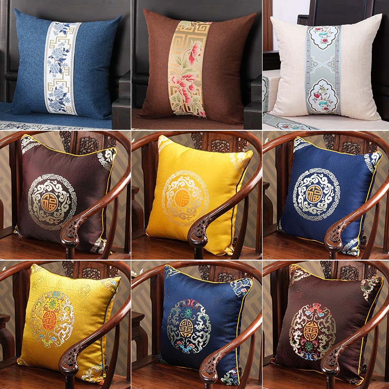 中式抱枕红木沙发靠垫套客厅中国风靠腰枕高档古典绸缎扶手含枕芯