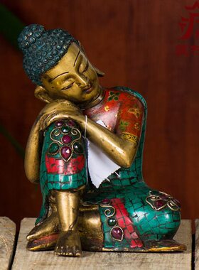 铜铜像松石镶藏村自在宝石摆件现代6寸佛尼泊尔室内家用