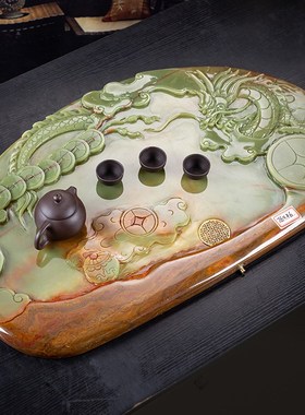 石诚记天然石茶盘大号古青玉复古家用排水式托盘功夫茶具茶台牛耕
