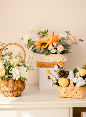 创意礼品花卉草编花篮茶几桌面花艺花瓶摆件客厅插花装饰装饰品