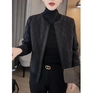 保暖加棉休闲上衣 2025年新款 韩版 复古黑色菱格排扣棉服外套女冬季