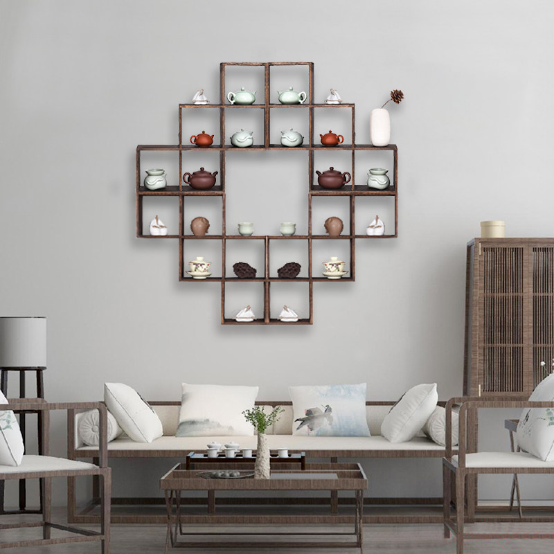 烧桐木小博古架实木中式挂墙壁置物架多宝阁茶具茶室收纳架阶梯架
