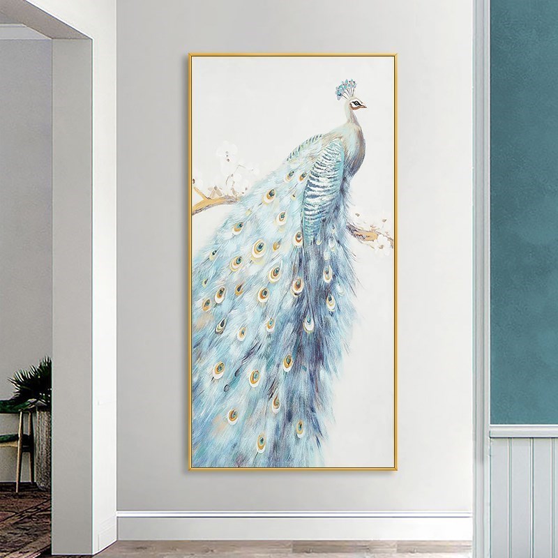 手绘油画新中式玄关客厅背景墙装饰画孔雀开屏现代饭厅入户挂画图片