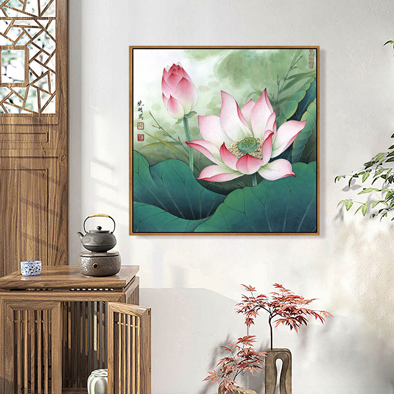 中式正方形荷花装饰画茶室餐厅书房客厅沙发背景墙装饰挂画壁画图片