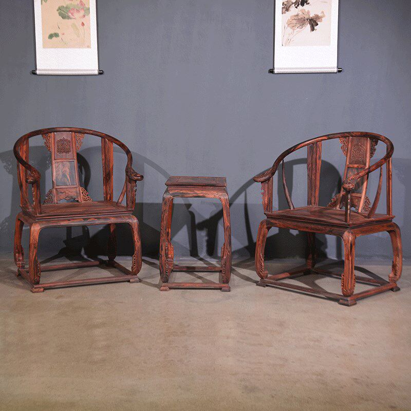 大红酸枝木圈椅三件套中式古典实木家具交趾黄檀皇宫椅生磨靠背椅
