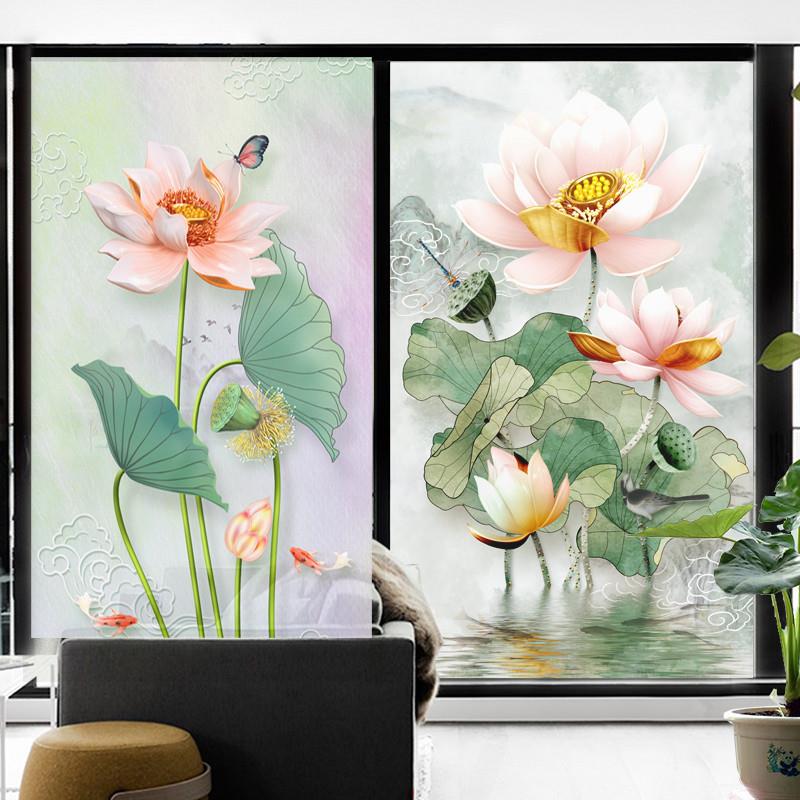 静电磨砂玻璃贴膜客厅透光不透明化妆室移门贴纸窗户玻璃贴纸荷花
