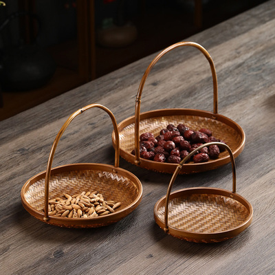 手工竹编提篮浅果盘圆形小竹篮复古大漆中式糕点茶点盘干果面包篮
