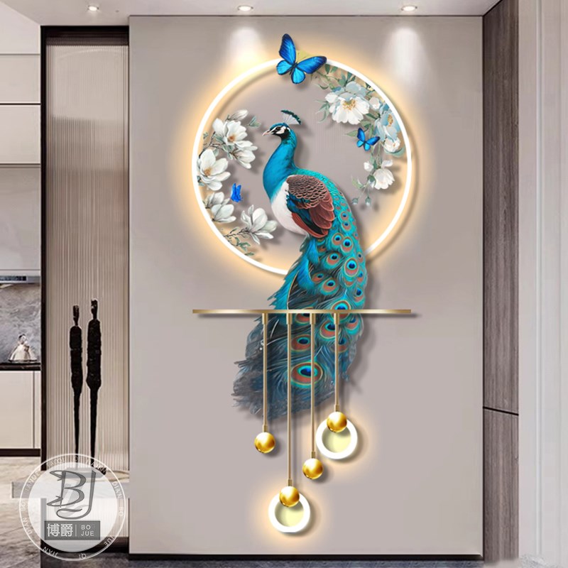 孔雀玄关装饰画高级感立体LED壁灯新中式入户走廊过道挂画2025新图片