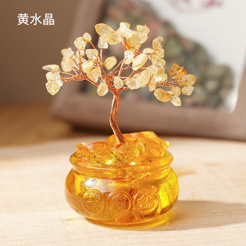 天然黄水晶碎石琉璃元宝聚宝盆发财树摆件水晶工艺品家居招财摆件