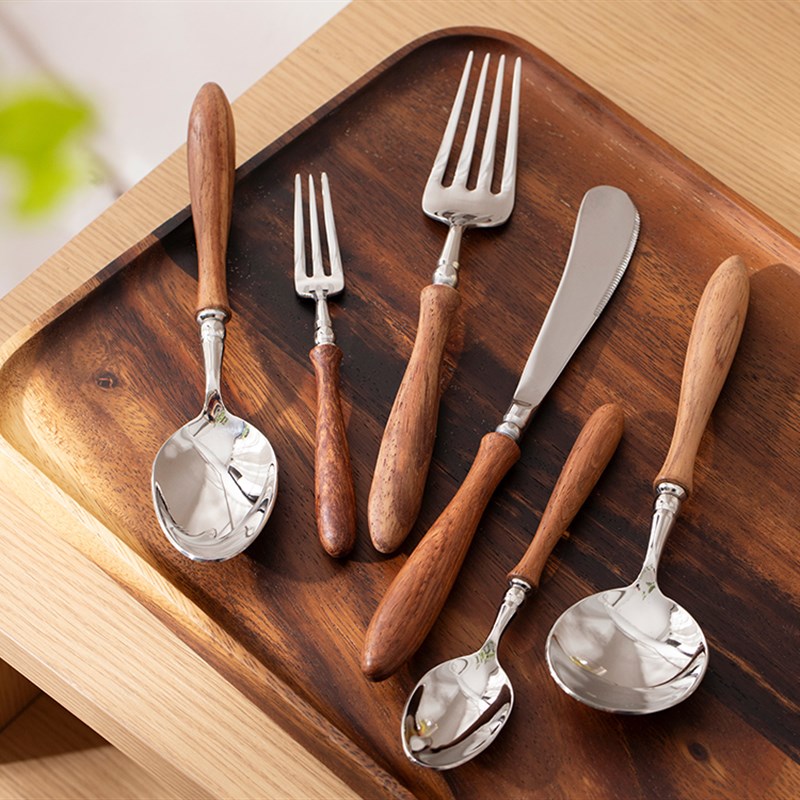 米立风物西餐餐具刀叉三件套复古花梨木柄高档不锈钢牛排叉子勺子