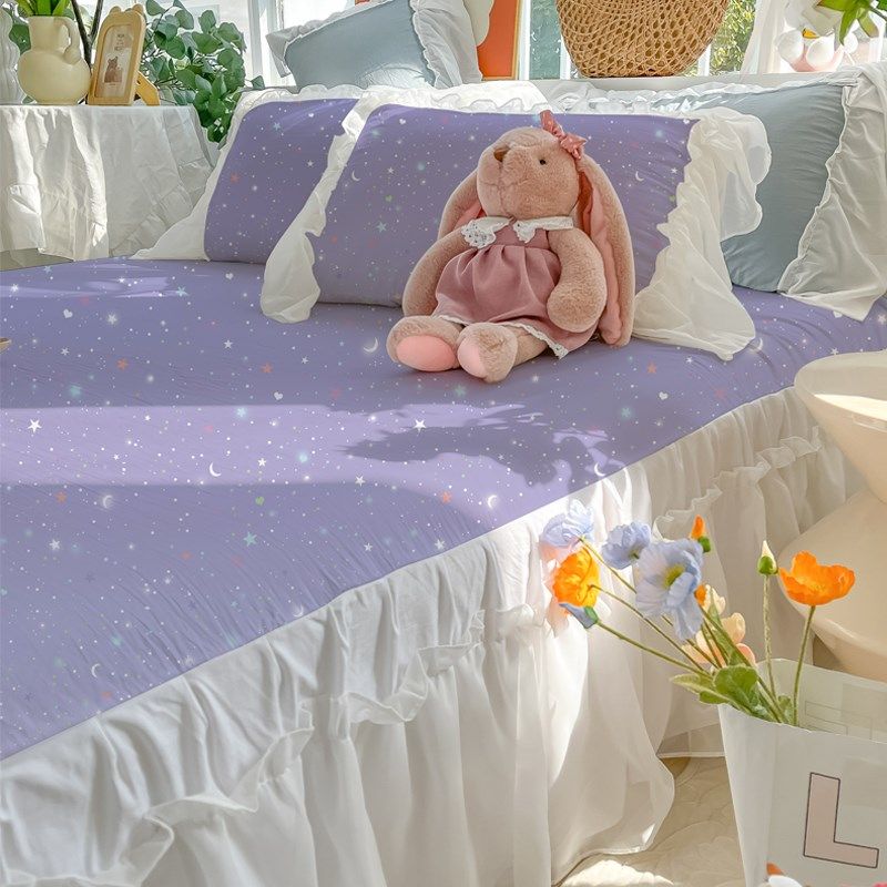 春季上新渐变色星空紫色床裙三件套水洗棉蕾丝白纱花边床罩枕套