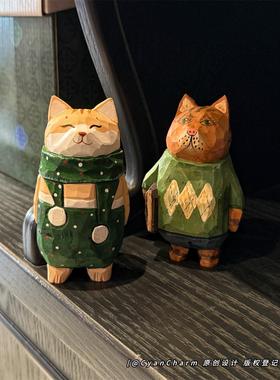 复古做旧手工木雕猫咪摆件木质雕刻治愈系创意室内桌面装饰工艺品