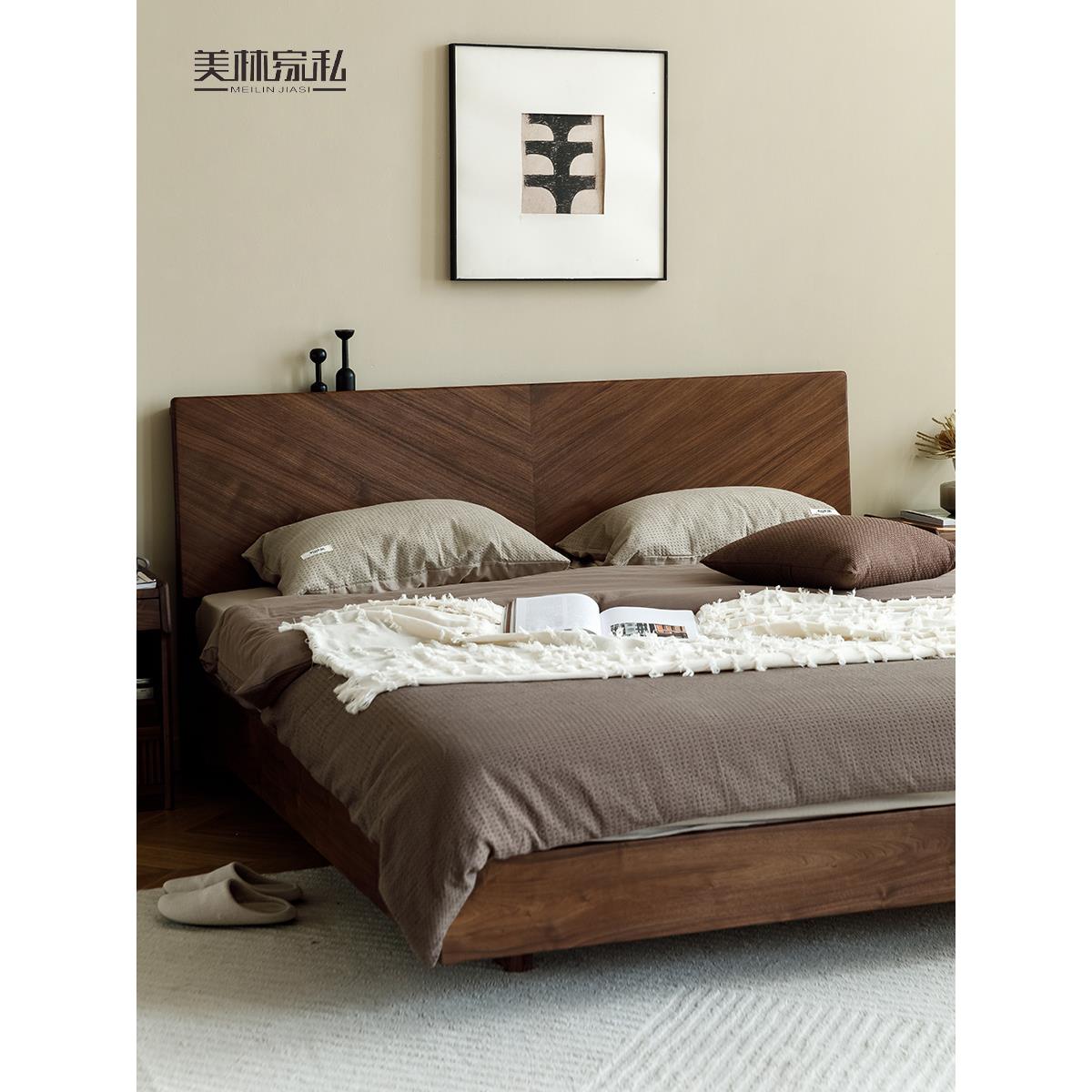北美黑胡桃木床北简约欧实木橡木悬浮床小户型1.8米主卧双人床
