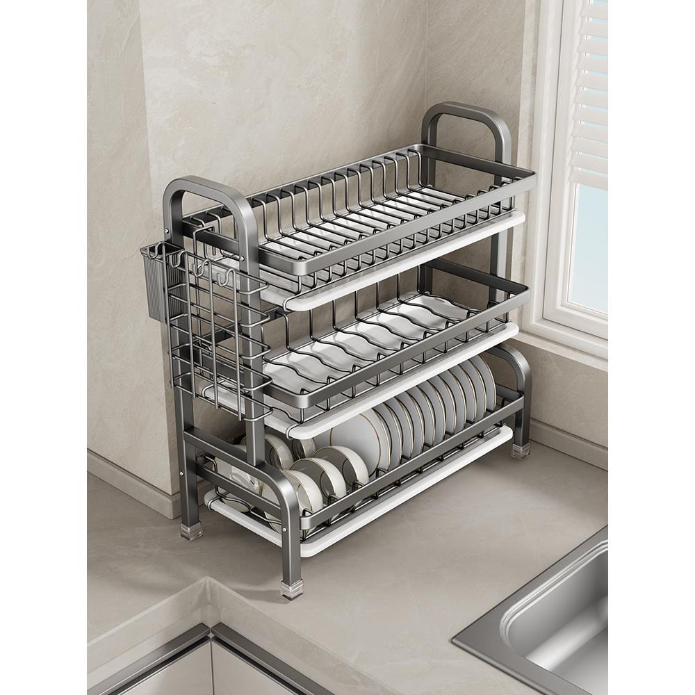 不锈钢厨房置物架碗碟碗盘收纳架沥水架家用放碗架双层碗筷架渔将