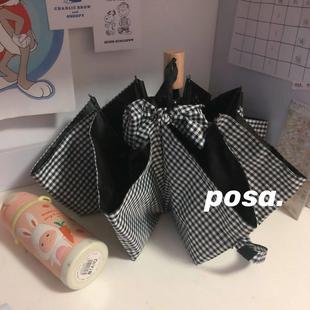 msho黑白格子ins禁欲系女全自动三折叠黑胶防晒晴雨便携两用雨伞