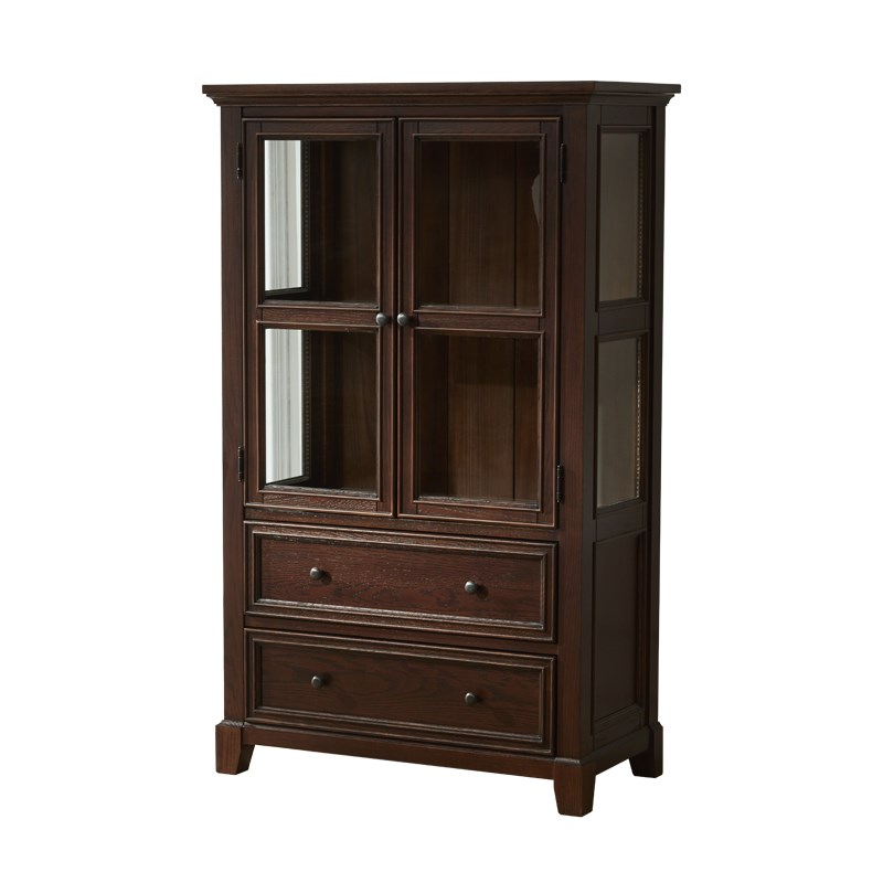 红橡木美式乡村钢化玻璃门纯实木两门小书柜展示柜电视柜边柜鹏翔