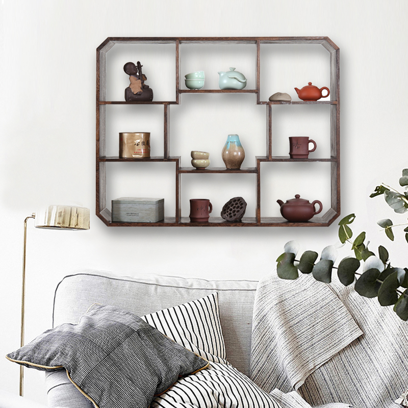 博古架茶具架子实木茶壶架紫砂壶展示置物收纳架摆件壁挂墙上客厅